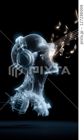 Digital wireframe of futuristic figure vocal wearing headphones, singing with musical notes emanating from its mouth, AI music generated 127286008