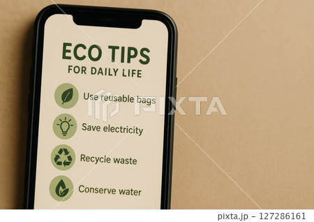 Eco-Friendly Tips for Sustainable Living on Smartphone with Minimalist Background 127286161