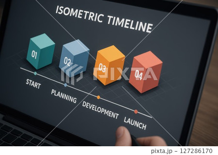 Isometric Timeline Graphic Showing Start, Planning, Development, and Launch Process Stages Isometric Timeline Graphic Showing Start, Planning, Development, and Launch Process Stages 127286170