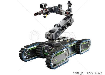Bomb detection and disposal robot used for pyrotechnic operations and reconnaissance, chemical detection and rescue operations, manipulator with extendable arm. Bomb detection and disposal robot used for pyrotechnic operations and reconnaissance, chemical detection and rescue operations, manipulator with extendable arm. 127286374