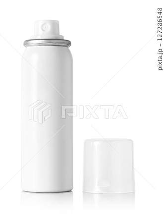 White aerosol spray can with open cap isolated on white background for packaging or product mockup design White aerosol spray can with open cap isolated on white background for packaging or product mockup design 127286548