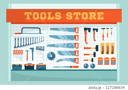 Cartoon Color Showcase with Hand Saws of Tool Store Assortment of Instrument and Tools Concept Flat Design Style. Vector illustration 127286634