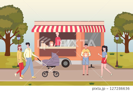Cartoon Color Popcorn Snack Food Truck in Park Concept Landscape Scene Flat Design Style. Vector illustration 127286636