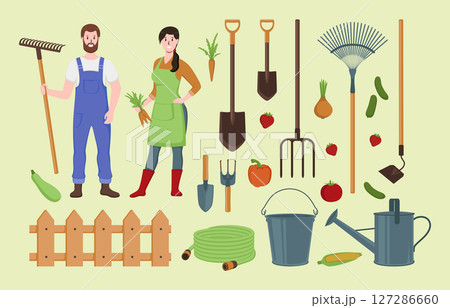 Cartoon Color Characters People Farmers and Equipment Concept Flat Design Style. Vector illustration of Vegetable, Bucket, Pitchfork and Fence Cartoon Color Characters People Farmers and Equipment Concept Flat Design Style. Vector illustration of Vegetable, Bucket, Pitchfork and Fence 127286660