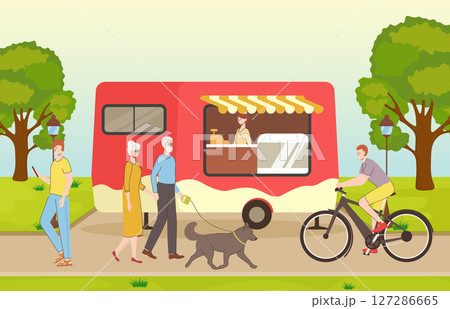 Cartoon Color Hotdog or Sandwich Street Food Cart in Park Concept Landscape Scene Flat Design Style. Vector illustration Cartoon Color Hotdog or Sandwich Street Food Cart in Park Concept Landscape Scene Flat Design Style. Vector illustration 127286665