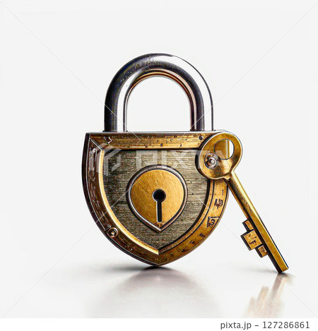 Barn lock with key. Padlock made of steel and brass with key. 127286861