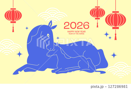 Year of the horse 2026 card minimalist style with family Year of the horse 2026 card minimalist style with family 127286981