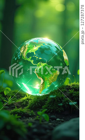 Glass glowing sphere of planet Earth in forest is a ball with an internal microclimate, a clean environment, protecting the ecology of the planet. AI generated 127287378
