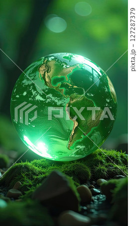 Glass glowing sphere of planet Earth in forest is a ball with an internal microclimate, a clean environment, protecting the ecology of the planet. AI generated 127287379