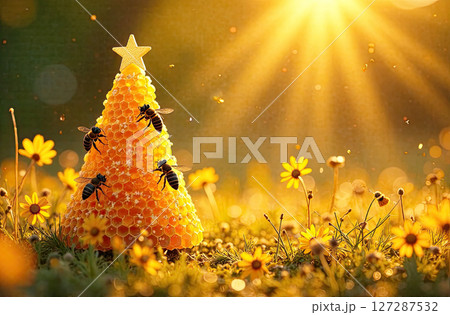 Honey in honeycombs in the shape of a cone of a Christmas tree with bees in a summer field in the sunlight. Beekeeping, Christmas, New Year. AI generated Honey in honeycombs in the shape of a cone of a Christmas tree with bees in a summer field in the sunlight. Beekeeping, Christmas, New Year. AI generated 127287532