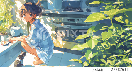 窓際で憩う女の子 127287611