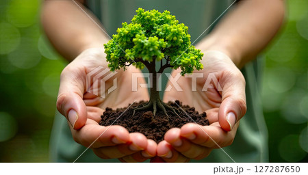 A tiny green tree in handful of earth in hand in the ground close-up. Ecology, care , bonsai. AI generated 127287650