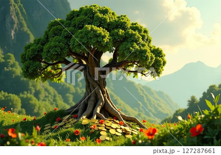 An adult green tree grows out of ground and gold coins on a nature background. Money Tree, Economics, finance, ecology, business, startup. AI generated 127287661