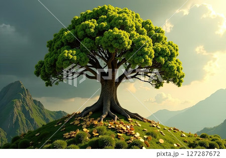 An adult green tree grows out of ground and gold coins on a nature background. Money Tree, Economics, finance, ecology, business, startup. AI generated 127287672