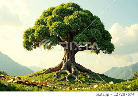 An adult green tree grows out of ground and gold coins on a nature background. Money Tree, Economics, finance, ecology, business, startup. AI generated 127287674