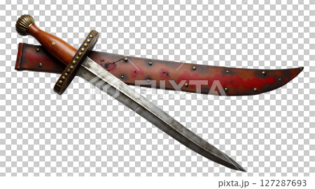 A Roman gladius sword features a short, double edged blade and a wooden hilt adorned with brass rivets. This weapon exemplifies ancient Roman craftsmanship and military history. A Roman gladius sword features a short, double edged blade and a wooden hilt adorned with brass rivets. This weapon exemplifies ancient Roman craftsmanship and military history. 127287693