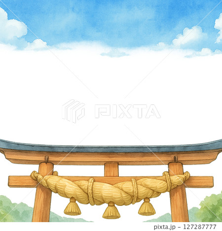 出雲大社の大しめ縄と青空 夏の和風旅フレーム 水彩風イラスト 透過PNG 127287777