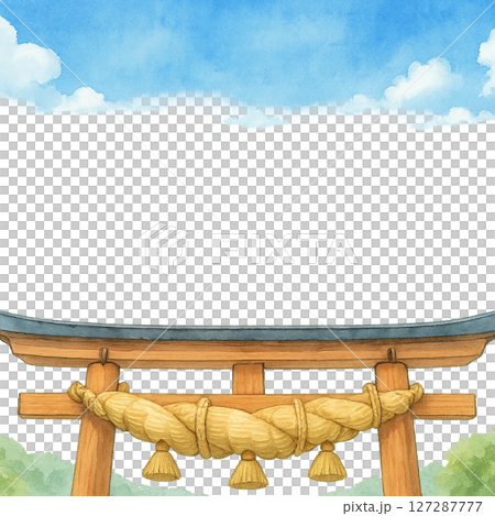 出雲大社の大しめ縄と青空 夏の和風旅フレーム 水彩風イラスト 透過PNG 127287777
