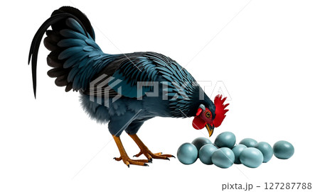 Blue Andalusian hen with striking steel blue feathers and a black tail gracefully pecks near a cluster of speckled bluish eggs on a tranquil farm. 127287788