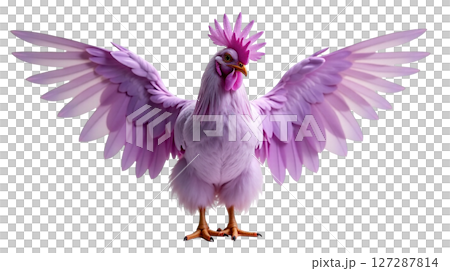 This Lavender Araucana chicken showcases its soft lavender feathers and fluffy beard while spreading its wings wide, revealing vibrant plumage. The distinctive tufts add to its charm. 127287814
