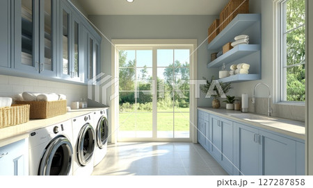 A Modern Laundry Room with Blue Cabinets, White Appliances, and a View of the Backyard 127287858