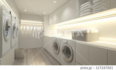 Modern White Laundry Room with Two Washers, Countertop, and Storage 127287881