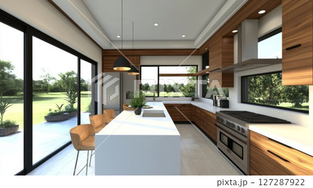 Modern Kitchen with Large Windows and Island Countertop Modern Kitchen with Large Windows and Island Countertop 127287922