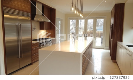 Modern Kitchen with Stainless Steel Appliances and White Countertops Modern Kitchen with Stainless Steel Appliances and White Countertops 127287923