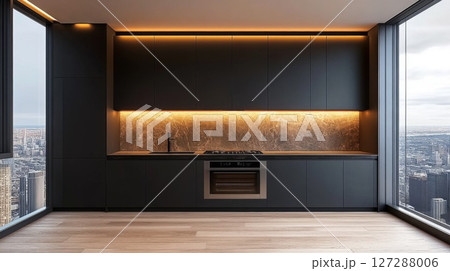 Modern Black Kitchen with City View and Under-Cabinet Lighting Modern Black Kitchen with City View and Under-Cabinet Lighting 127288006