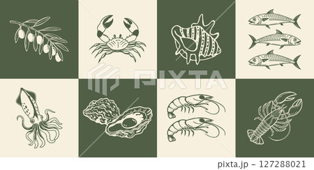 Collection of hand drawn posters with Italian food and summer elements. Oysters, seafood, olive, lobster. Mediterranean set. Line art style illustration. 127288021