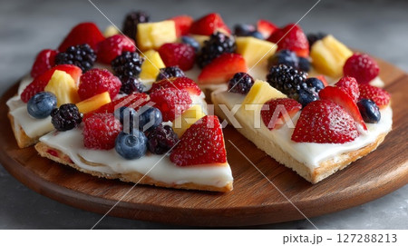 Delicious Fruit Pizza with Berries and Pineapple Delicious Fruit Pizza with Berries and Pineapple 127288213
