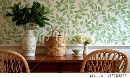 Green Leaf Wallpaper Interior with Wicker Basket and White Vase 127288235