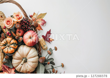 Basket of fall fruits and vegetables including apples, pumpkins, and squash 127288378