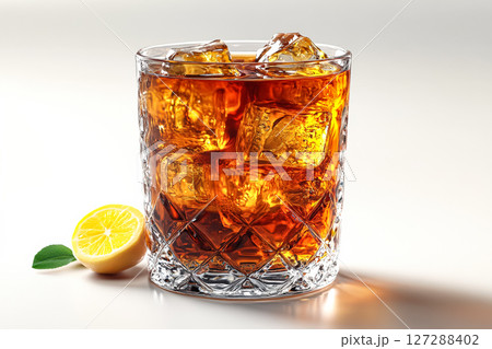 Glass of tea with ice cubes and a lemon slice on the side 127288402