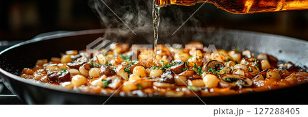 Pan of food is being cooked with a bottle of beer poured over it 127288405