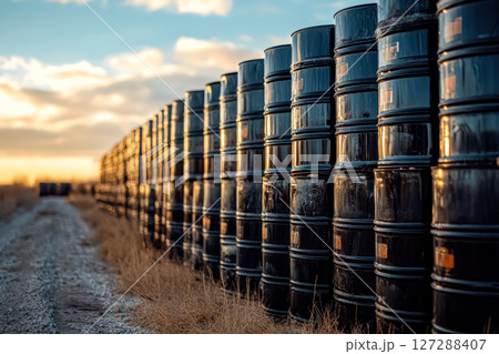 Row of black barrels are lined up in a field 127288407