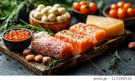 Wooden cutting board with salmon, cheese, and other food items 127288410