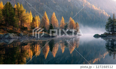 Autumn Lake Reflection In Misty Mountain 127288512
