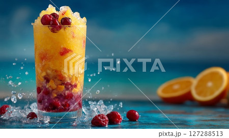 Refreshing Orange Cranberry Ice Drink on Blue Background 127288513