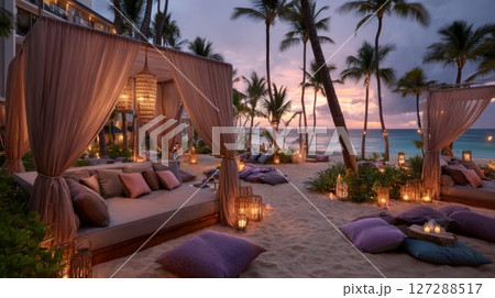 Tropical Beach Sunset: Luxurious Cabanas and Pillows on Sandy Shore 127288517