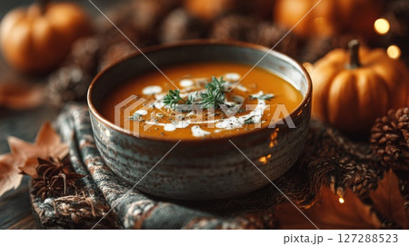 Creamy Pumpkin Soup in Rustic Bowl with Autumnal Decor 127288523
