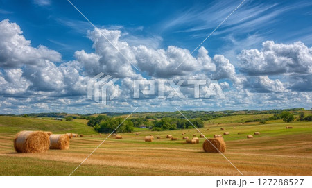 Hay Bales in a Summer Field under a Blue Sky 127288527
