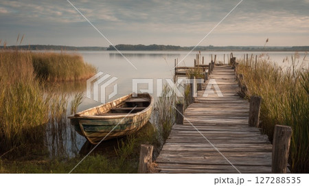 Old Wooden Boat Moored Near a Rustic Pier on a Calm Lake at Dawn 127288535