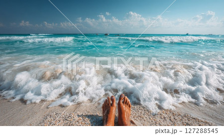 Relaxing Feet in Soft Sand on a Turquoise Ocean Beach 127288545
