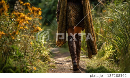Woman in Gold Sequin Dress and Brown Boots Walking on a Path Woman in Gold Sequin Dress and Brown Boots Walking on a Path 127288562