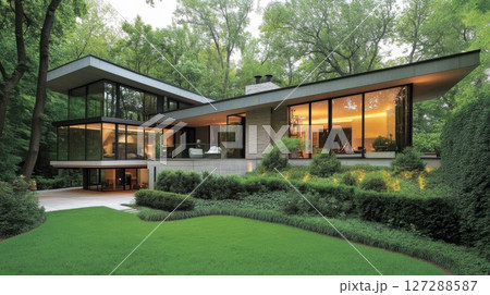 Modern, Glass-Faced House Nestled Amidst Lush Greenery 127288587