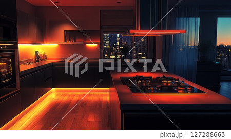 Modern Kitchen with Warm Lighting and City View at Dusk Modern Kitchen with Warm Lighting and City View at Dusk 127288663