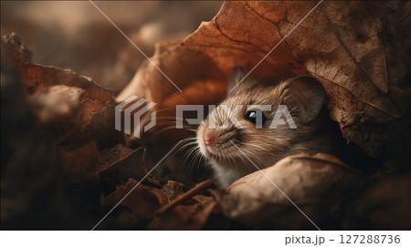 Small Brown Mouse Hiding Among Autumn Leaves 127288736