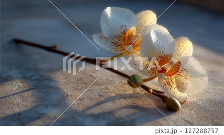 White Orchid with Orange Spots on Grey Surface 127288757
