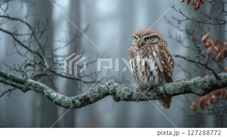 Little Owl Perched on Mossy Branch in Foggy Forest Little Owl Perched on Mossy Branch in Foggy Forest 127288772